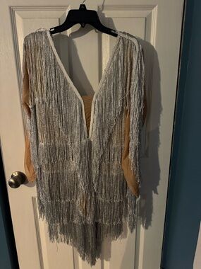 Fringe V-Neck Dance Tunic in Silver and Nude